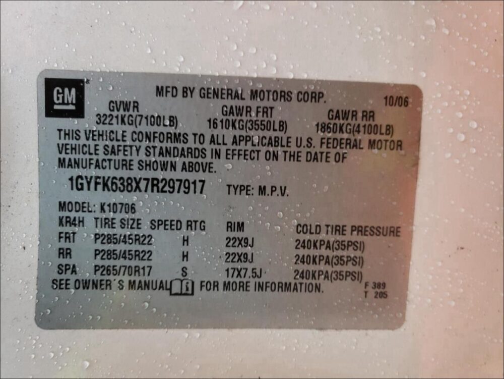 1C8212_10 Used 2007 Cadillac Escalade Air Bag LH 25917968