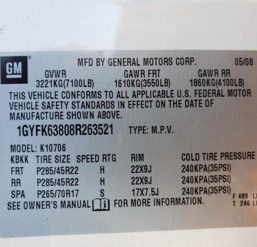 1L8330_4 Used 2008 Cadillac Escalade Air Bag RH 15883207