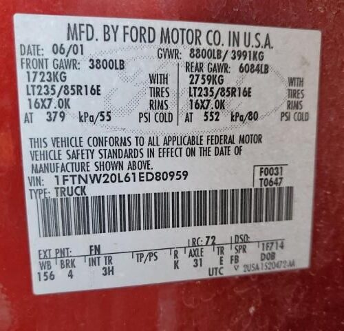 3B8520_10 Used 2001 Ford F-250 Super Duty Trim Panel Rear Door LH