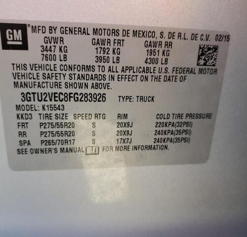 3I8597_10 Used 2015 GMC Sierra 1500 Carrier Assembly