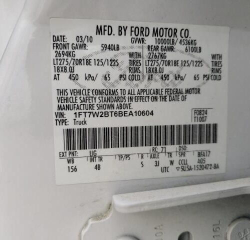 4L8764_1 Used 2011 Ford F-250 Super Duty Roof Assembly