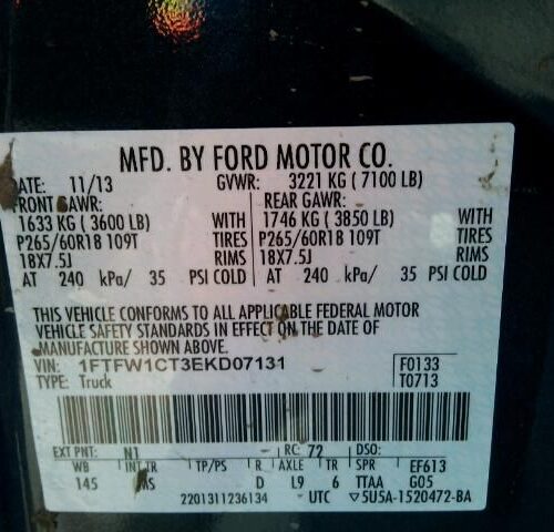 6C7240_10 Used 2014 Ford F-150 Chassis Control Module CL3Z7E453A