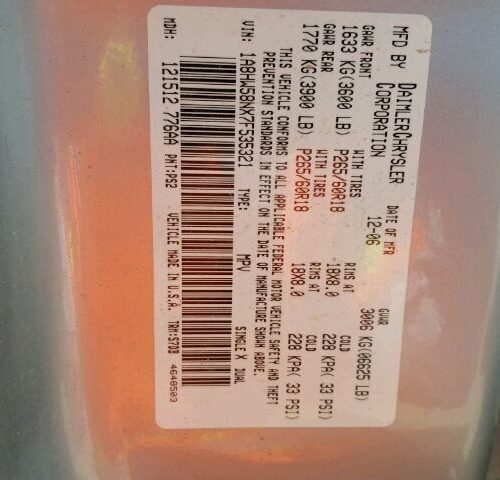 6E7285_5 Used 2007 Chrysler Aspen Air Bag LH 52029345AE