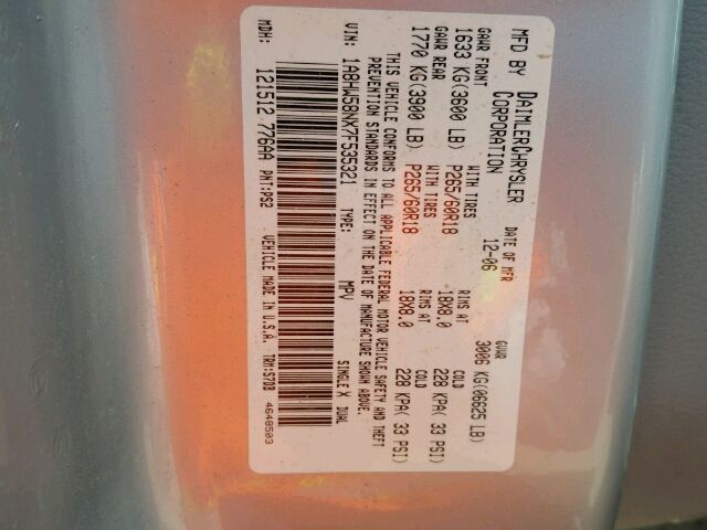 6E7285_5 Used 2007 Chrysler Aspen Air Bag LH 52029345AE
