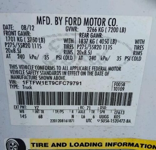 7D7505_6 Used 2012 Ford F-150 Chassis Control Module CL3Z7E453CA
